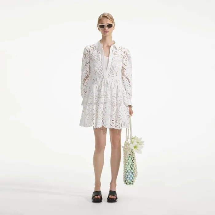Self Portrait Dresses White Cotton Lace Mini Shirt Dress 8211 Women