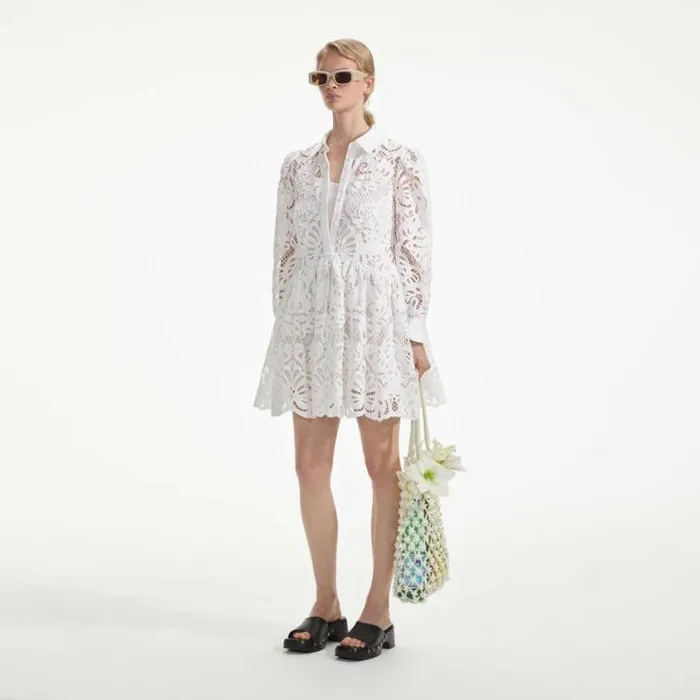 Self Portrait Dresses White Cotton Lace Mini Shirt Dress 8211 Women