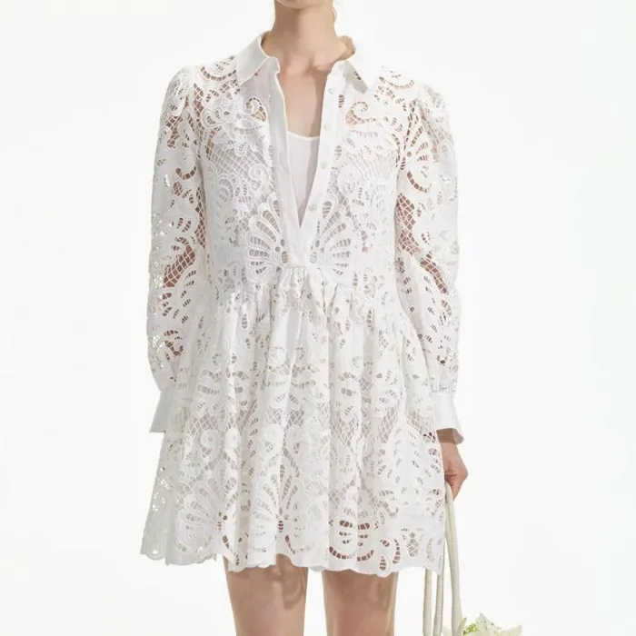 Self Portrait Dresses White Cotton Lace Mini Shirt Dress 8211 Women