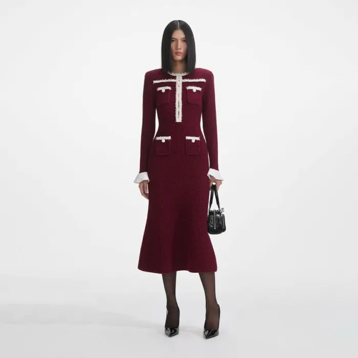 Self Portrait Exclusives Burgundy Pearl Trim Knit Midi Dress 8211 Women