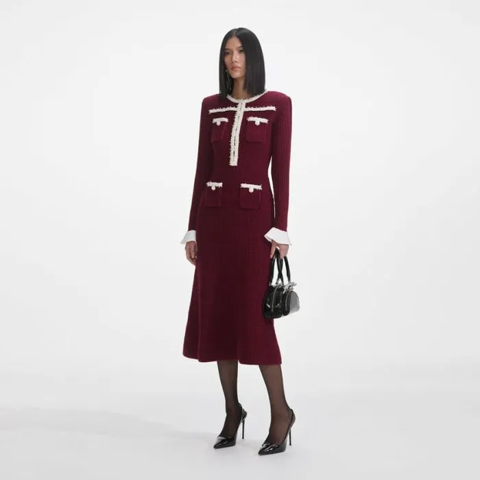 Self Portrait Exclusives Burgundy Pearl Trim Knit Midi Dress 8211 Women