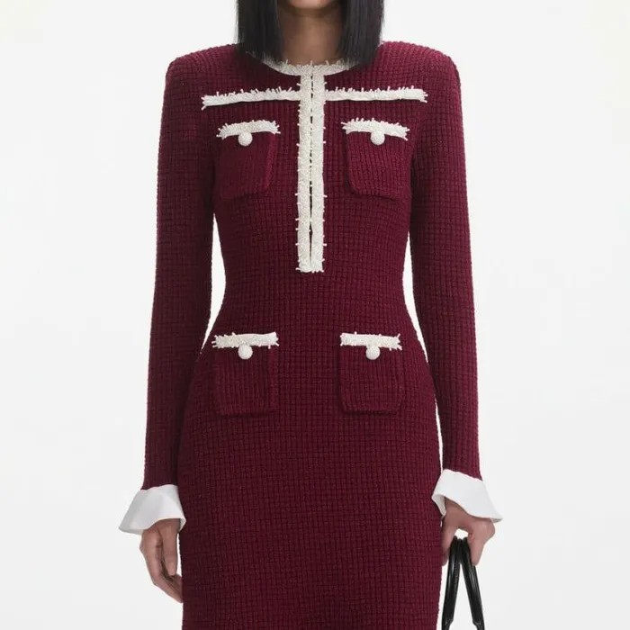 Self Portrait Exclusives Burgundy Pearl Trim Knit Midi Dress 8211 Women