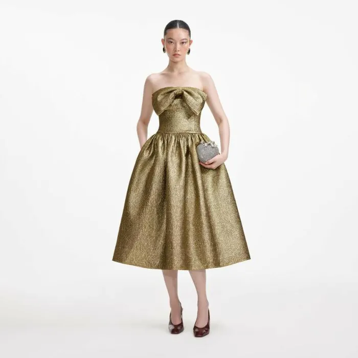 Self Portrait Exclusives Gold Metallic Jacquard Midi Dress 8211 Women
