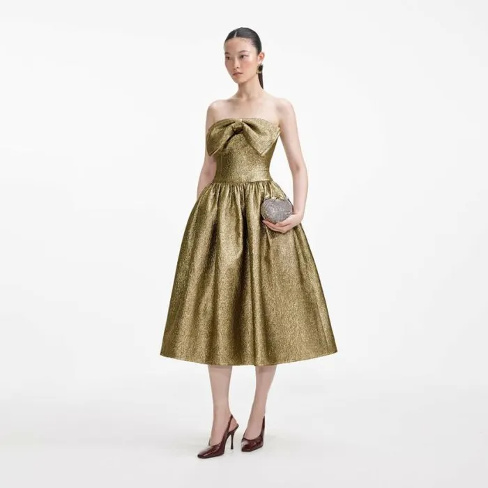 Self Portrait Exclusives Gold Metallic Jacquard Midi Dress 8211 Women