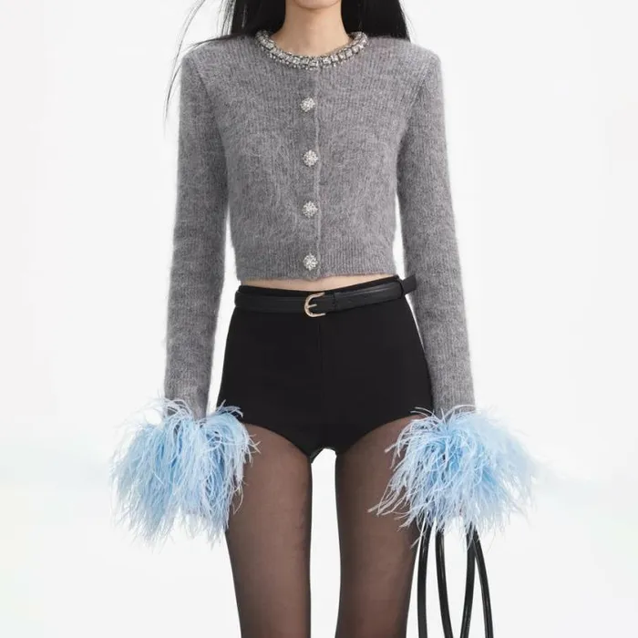 Self Portrait Exclusives Grey Contrast Feather Cardigan 8211 Women