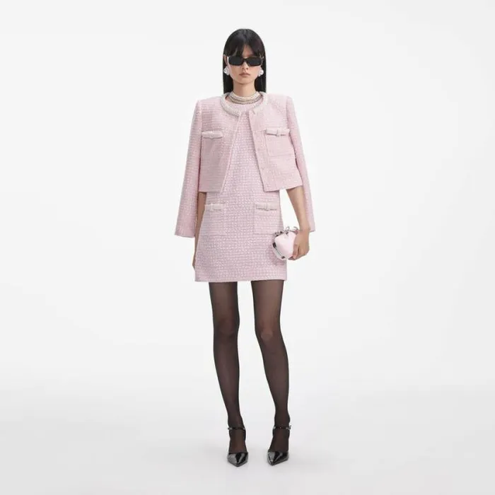 Self Portrait Exclusives Pink Boucle Pearl Trim Mini Dress 8211 Women