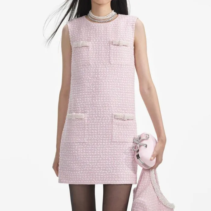 Self Portrait Exclusives Pink Boucle Pearl Trim Mini Dress 8211 Women