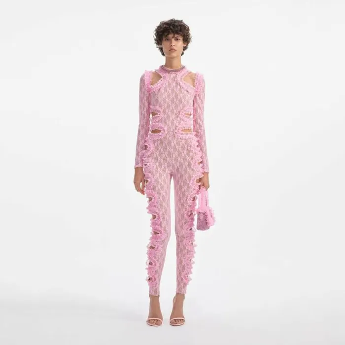 Self Portrait Jumpsuits Pink Lace Cut Out Jumpsuit 8211 Women