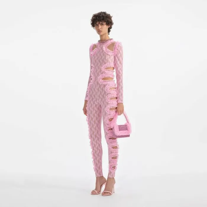 Self Portrait Jumpsuits Pink Lace Cut Out Jumpsuit 8211 Women