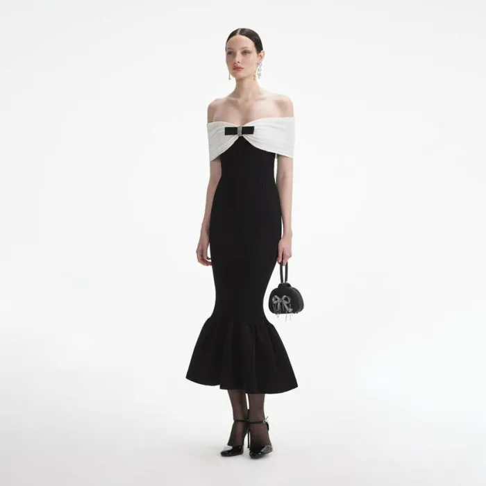 Self Portrait Knitwear Black Knit Bow Midi Dress 8211 Women