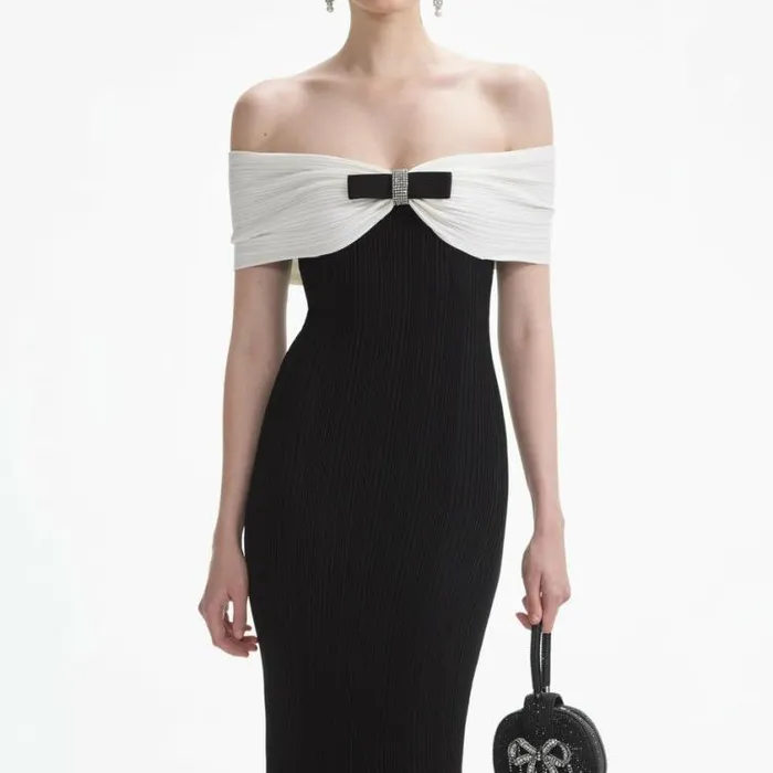 Self Portrait Knitwear Black Knit Bow Midi Dress 8211 Women