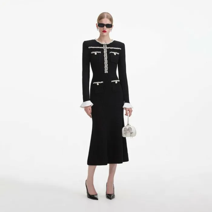 Self Portrait Knitwear Black Pearl Trim Knit Midi Dress 8211 Women