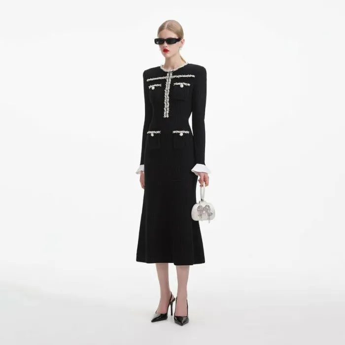 Self Portrait Knitwear Black Pearl Trim Knit Midi Dress 8211 Women