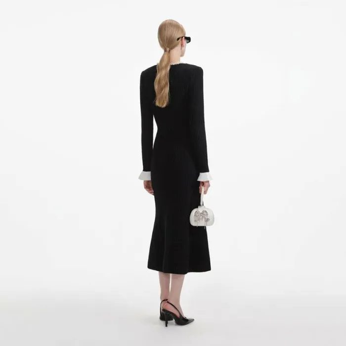 Self Portrait Knitwear Black Pearl Trim Knit Midi Dress 8211 Women
