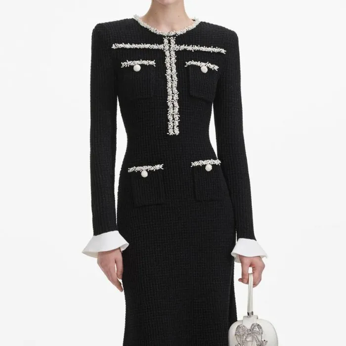 Self Portrait Knitwear Black Pearl Trim Knit Midi Dress 8211 Women