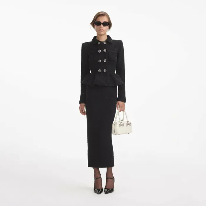 Self Portrait Knitwear Black Textured Knit Peplum Midi Dress 8211 Women