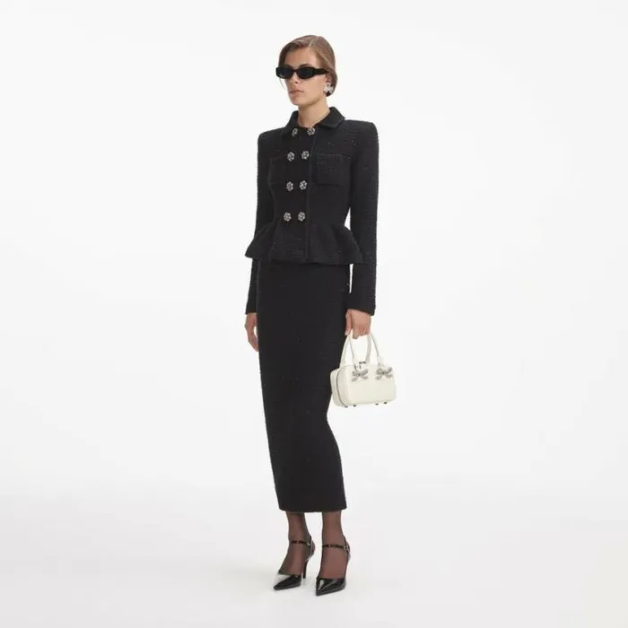 Self Portrait Knitwear Black Textured Knit Peplum Midi Dress 8211 Women