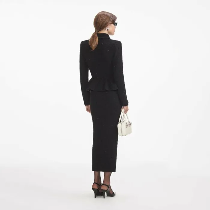 Self Portrait Knitwear Black Textured Knit Peplum Midi Dress 8211 Women