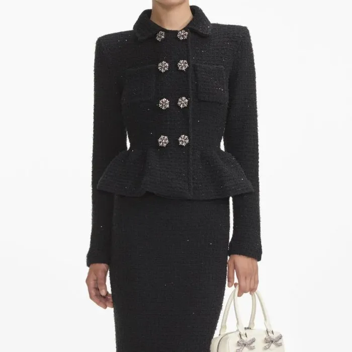 Self Portrait Knitwear Black Textured Knit Peplum Midi Dress 8211 Women