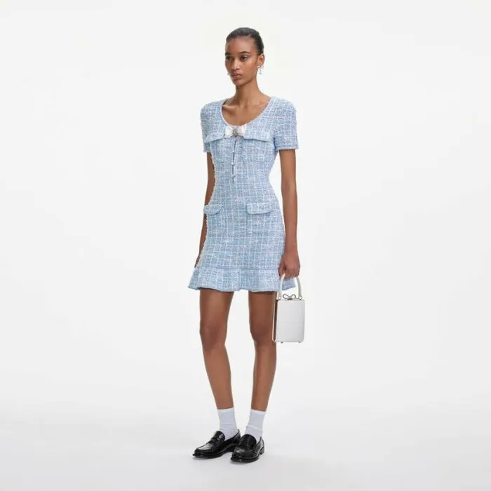 Self Portrait Knitwear Blue Check Knit Mini Dress 8211 Women