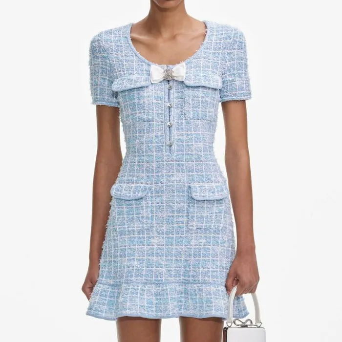 Self Portrait Knitwear Blue Check Knit Mini Dress 8211 Women
