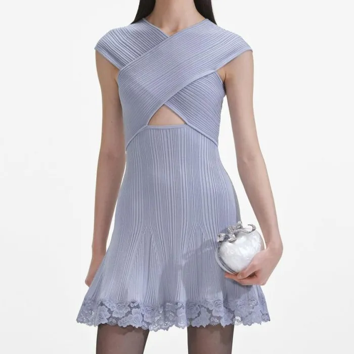Self Portrait Knitwear Blue Knit Lace Insert Mini Dress 8211 Women