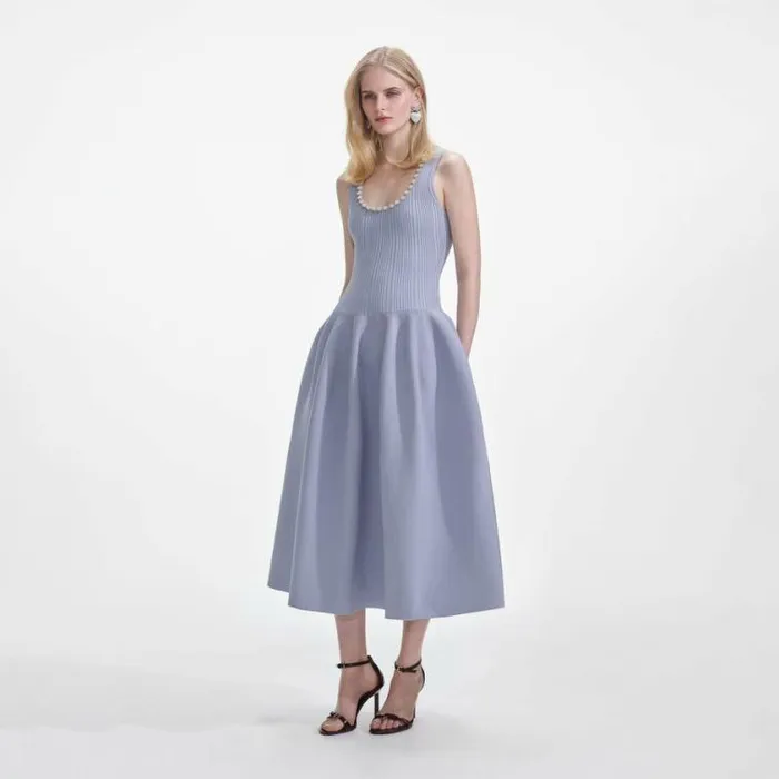 Self Portrait Knitwear Blue Ribbed Knit Diamante Midi Dress 8211 Women