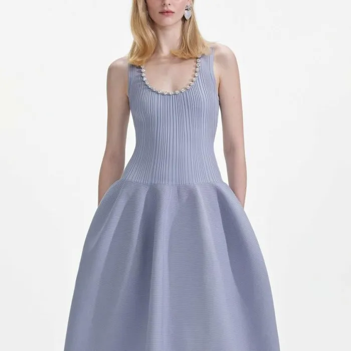 Self Portrait Knitwear Blue Ribbed Knit Diamante Midi Dress 8211 Women