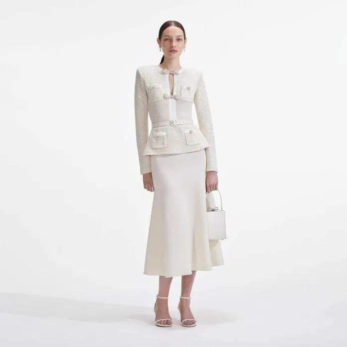 Self Portrait Knitwear Cream Sequin Knit Tailored Midi Dress 8211 Women