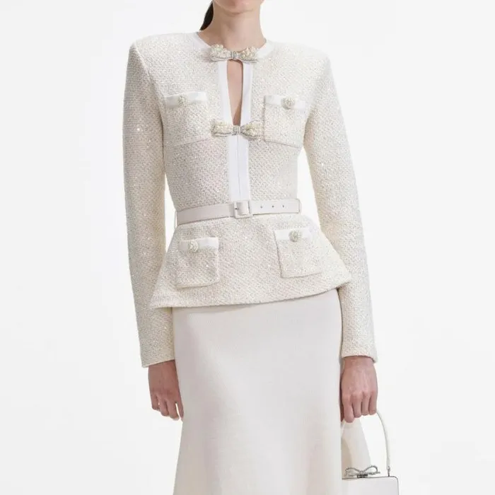 Self Portrait Knitwear Cream Sequin Knit Tailored Midi Dress 8211 Women