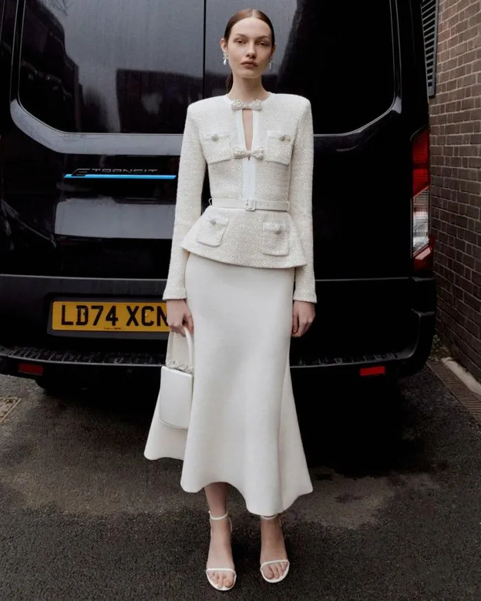 Self Portrait Knitwear Cream Sequin Knit Tailored Midi Dress 8211 Women