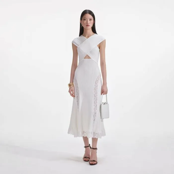 Self Portrait Knitwear White Knit Lace Insert Midi Dress 8211 Women