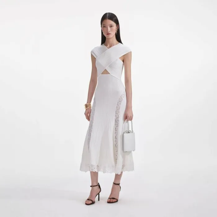 Self Portrait Knitwear White Knit Lace Insert Midi Dress 8211 Women