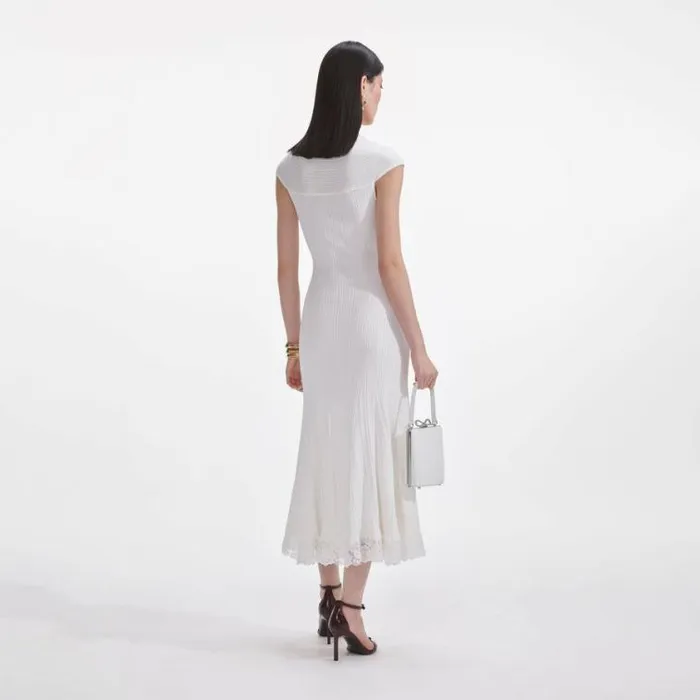 Self Portrait Knitwear White Knit Lace Insert Midi Dress 8211 Women