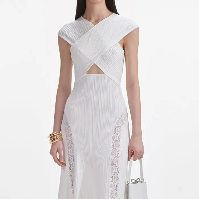 Self Portrait Knitwear White Knit Lace Insert Midi Dress 8211 Women
