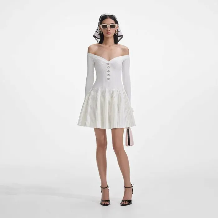 Self Portrait Knitwear White Ribbed Knit Mini Dress 8211 Women
