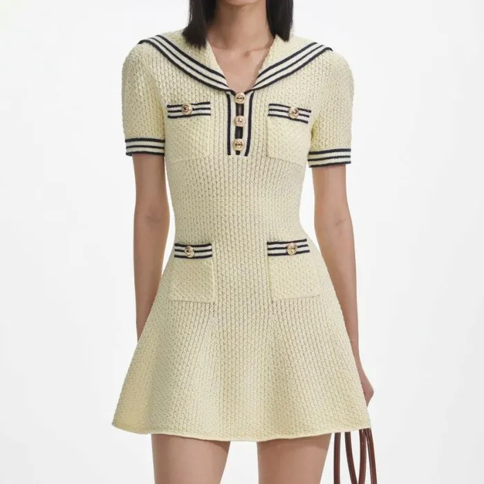Self Portrait Knitwear Yellow Textured Knit Mini Dress 8211 Women
