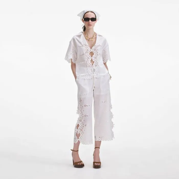 Self Portrait Tops Cream Linen Embroidered Shirt 8211 Women