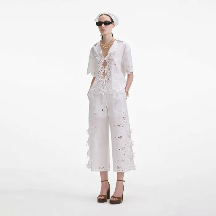 Self Portrait Tops Cream Linen Embroidered Shirt 8211 Women