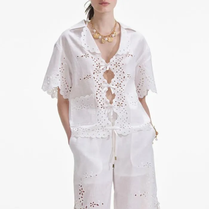Self Portrait Tops Cream Linen Embroidered Shirt 8211 Women