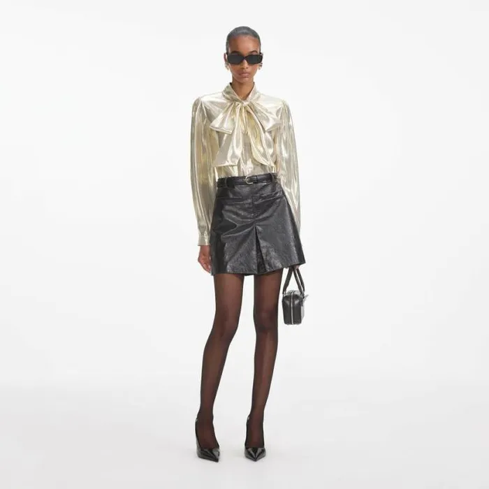 Self Portrait Tops Gold Metallic Pussy Bow Blouse 8211 Women