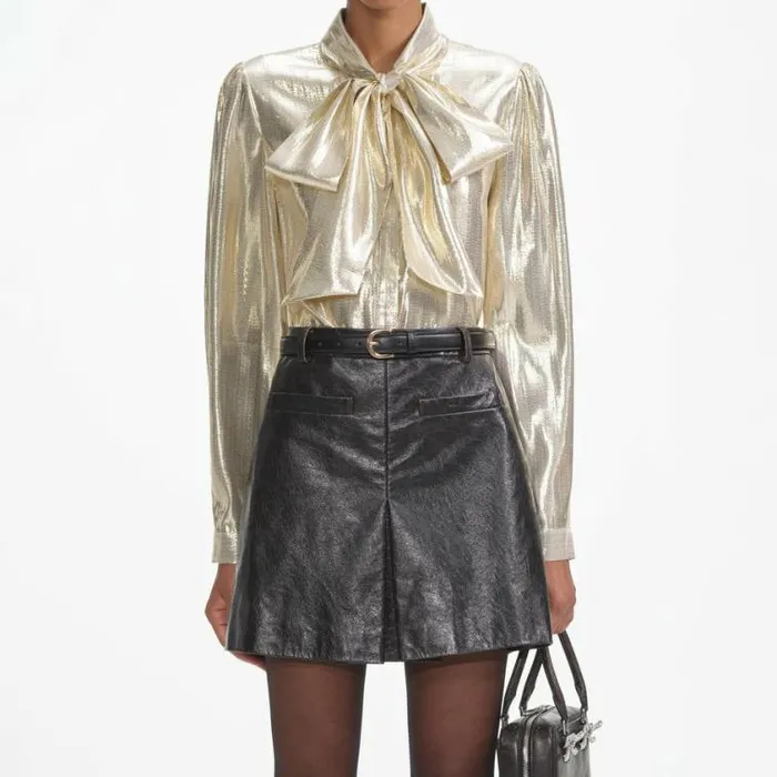 Self Portrait Tops Gold Metallic Pussy Bow Blouse 8211 Women
