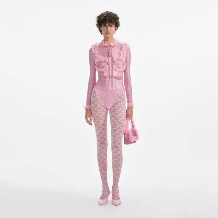 Self Portrait Tops Pink Rhinestone Mesh Ruffle Bodysuit 8211 Women