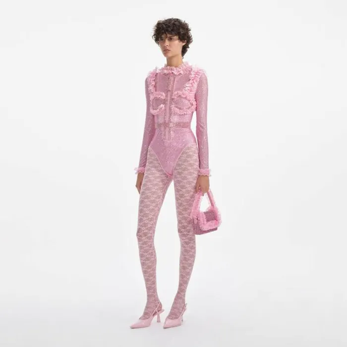 Self Portrait Tops Pink Rhinestone Mesh Ruffle Bodysuit 8211 Women
