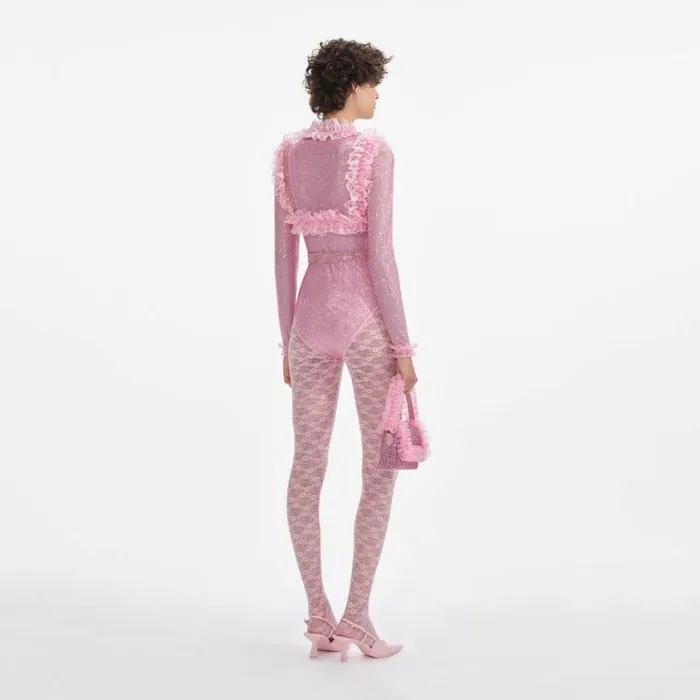 Self Portrait Tops Pink Rhinestone Mesh Ruffle Bodysuit 8211 Women