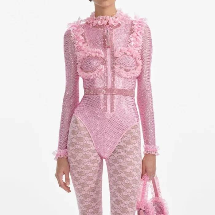 Self Portrait Tops Pink Rhinestone Mesh Ruffle Bodysuit 8211 Women