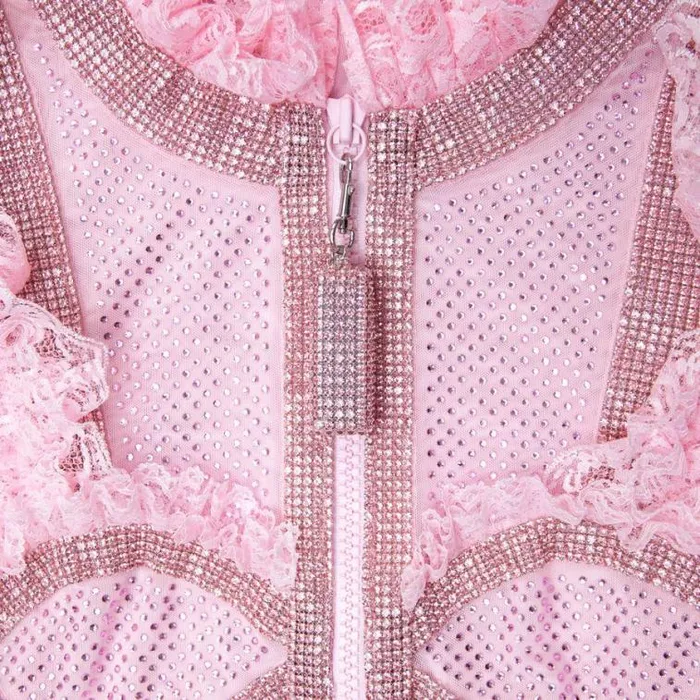 Self Portrait Tops Pink Rhinestone Mesh Ruffle Bodysuit 8211 Women