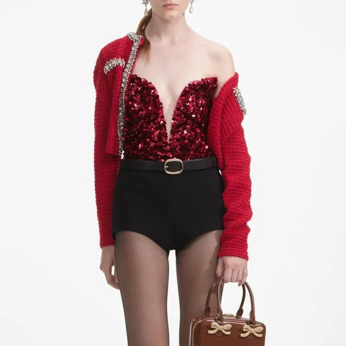 Self Portrait Tops Red 3D Sequin Top 8211 Women
