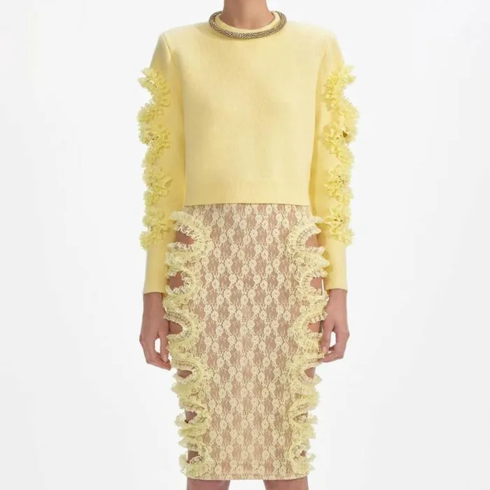Self Portrait Tops Yellow Cut Out Lace Detail Jumper 8211 Women