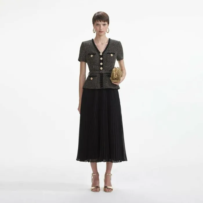 Self Portrait Wedding Guest Black Boucle Chiffon Midi Dress 8211 Women